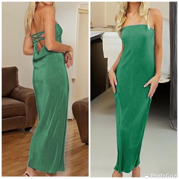 Sexy Strapless Pleated Maxi Tube Dress Slim Fit Backless Bodycon Long Dress Lrg - Picture 1 of 12